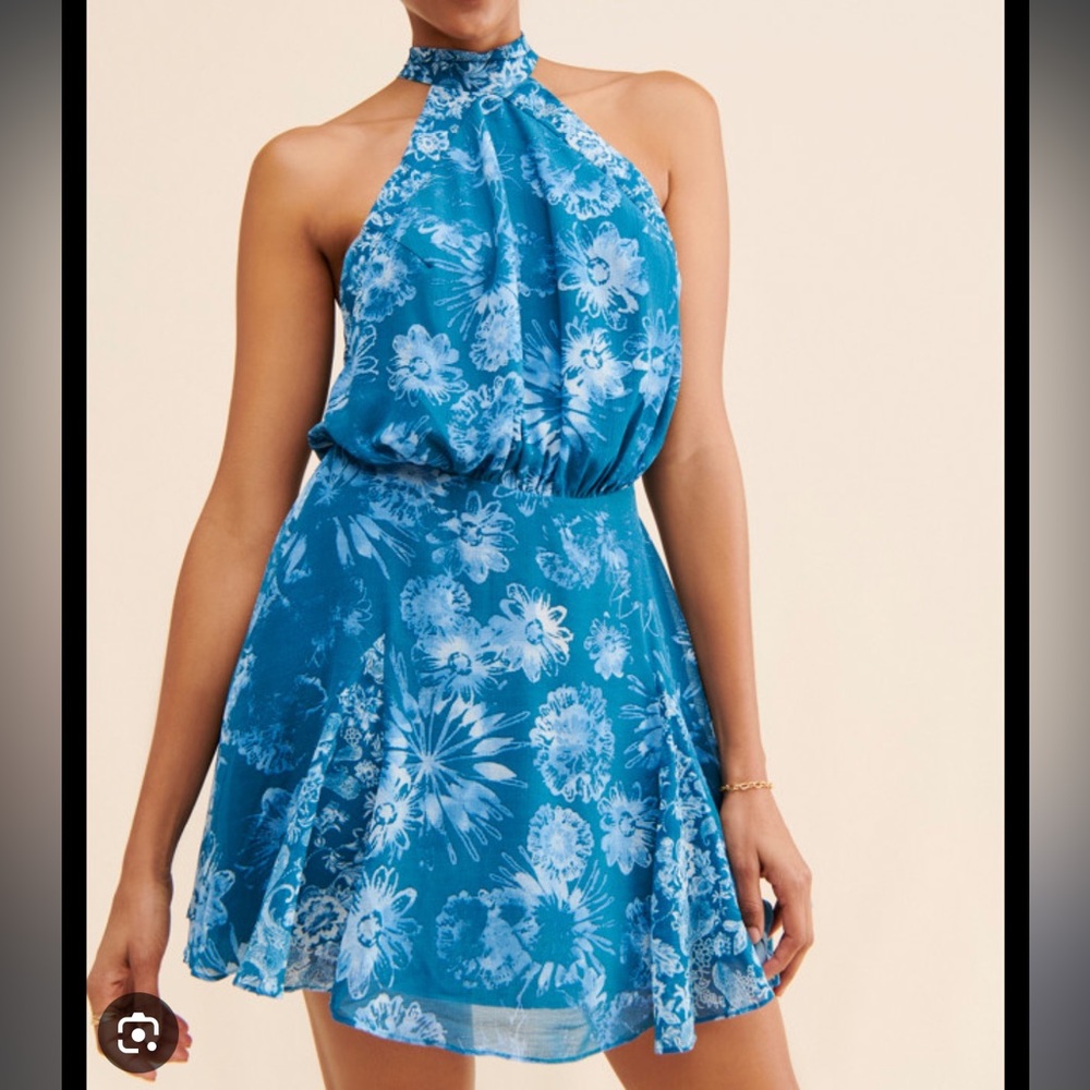 Free People Floral Halter Neck Blue Dress